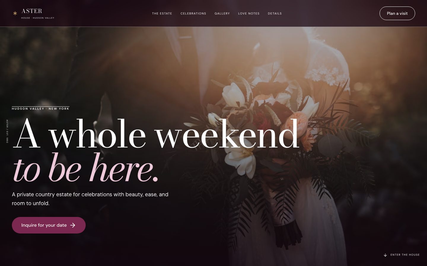 Concept homepage for Aster House, an events and wedding venue