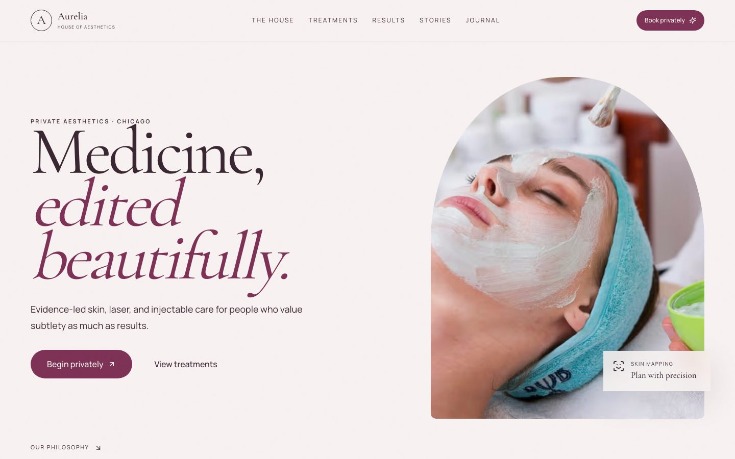 Concept homepage for Aurelia House, a medical spa and aesthetics practice