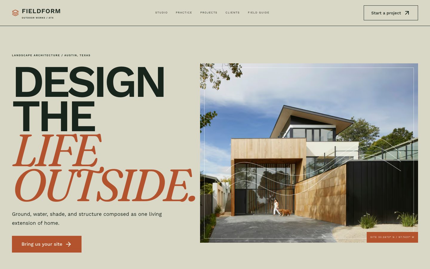 Concept homepage for Fieldform Outdoor Works, a landscape design studio