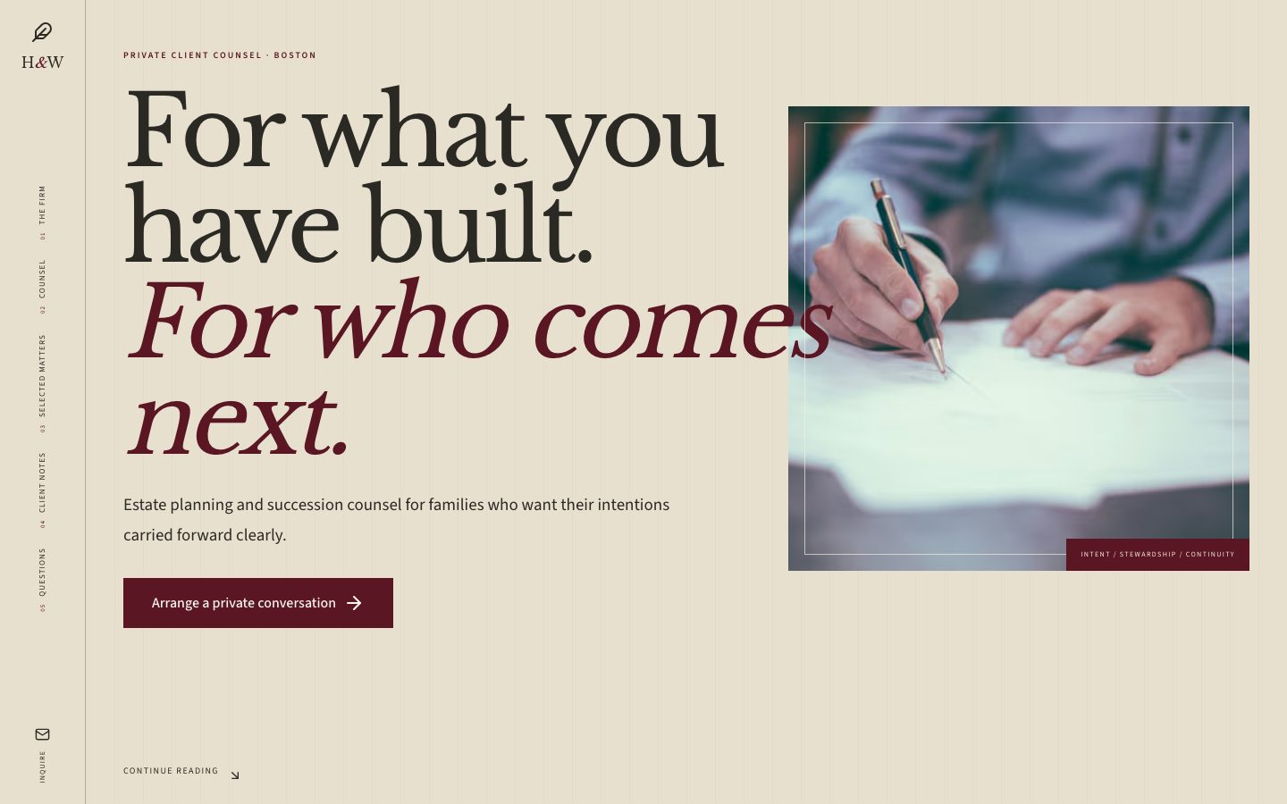 Concept homepage for Hearth & Wren Counsel, an estate law practice